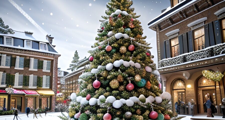 Weihnachtsbaum mit Geschenken auf einem verschneiten Marktplatz